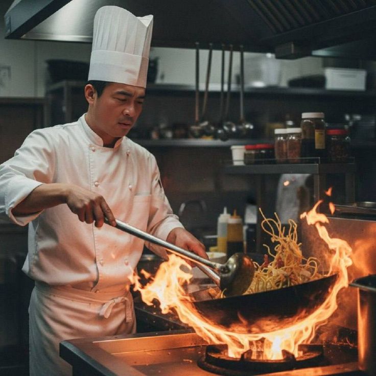 Chef tossing noodles over open flame in the Golden Lotus kitchen