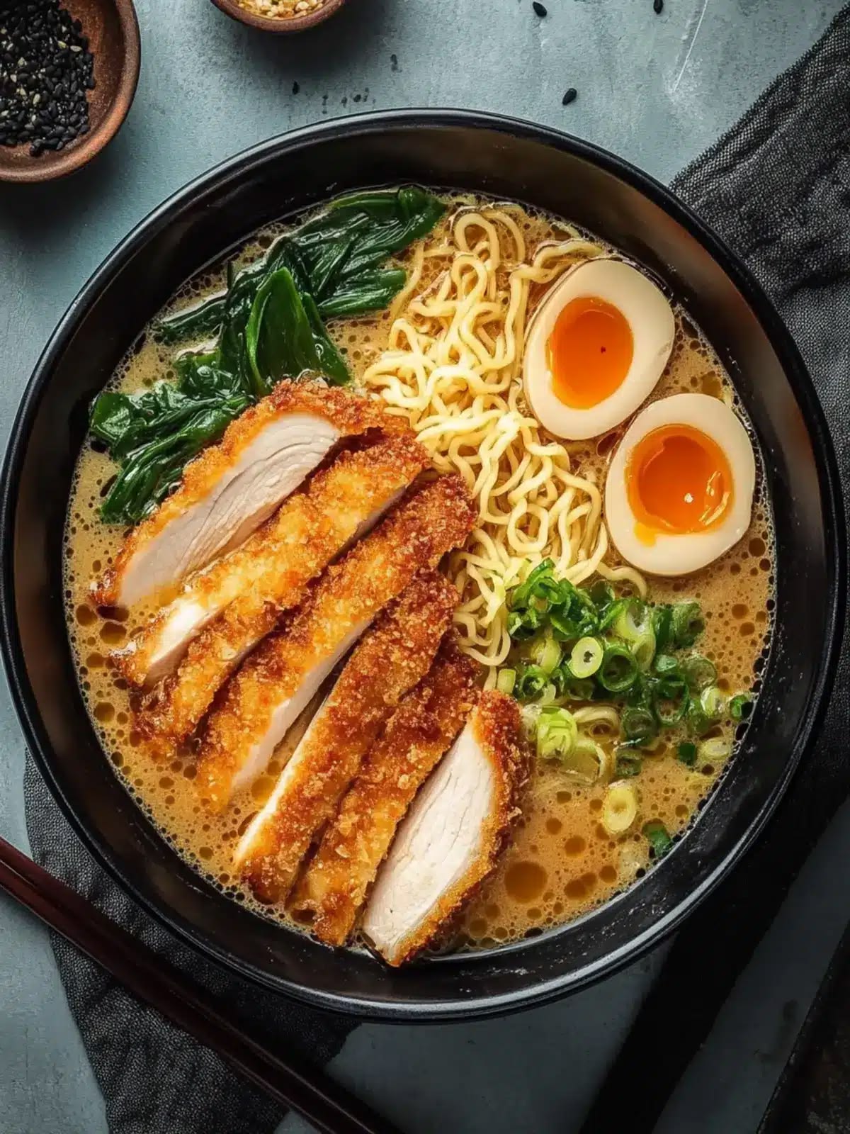 Chicken katsu ramen with soft-boiled egg, scallions and greens in a rich tonkotsu-style broth