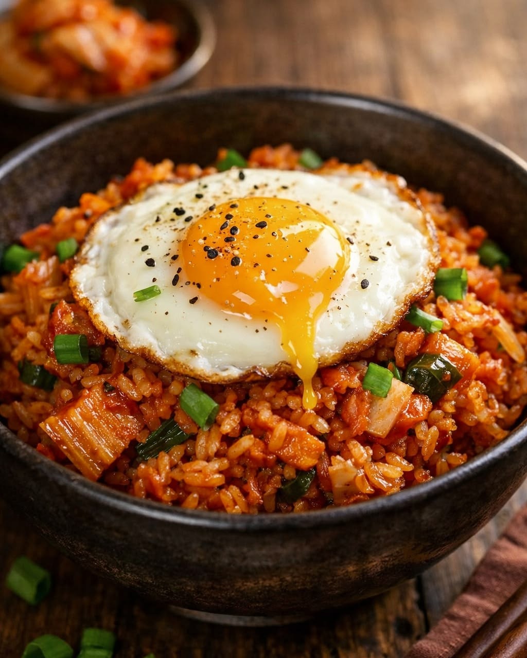 Kimchi fried rice topped with a fried egg and scallions