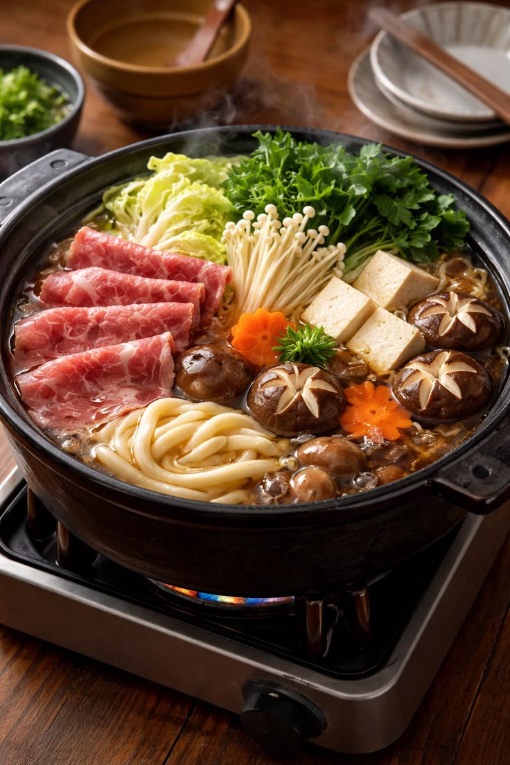 Steaming sukiyaki hot pot with marbled beef, tofu, udon, shiitake and greens