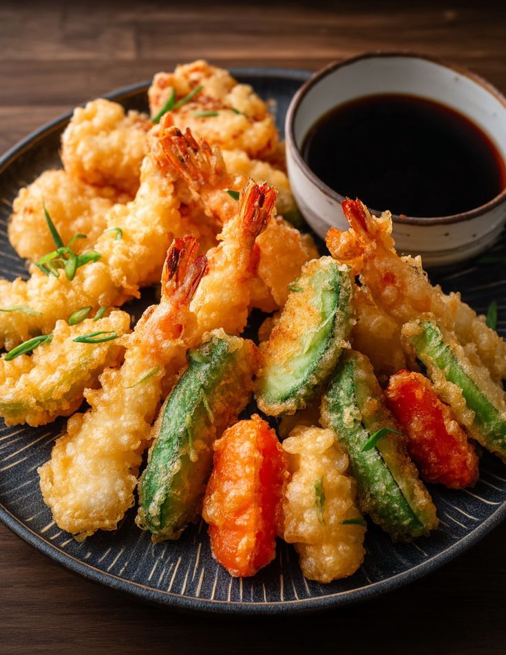 Golden tempura prawns and vegetables plated on dark ceramic with dipping sauce