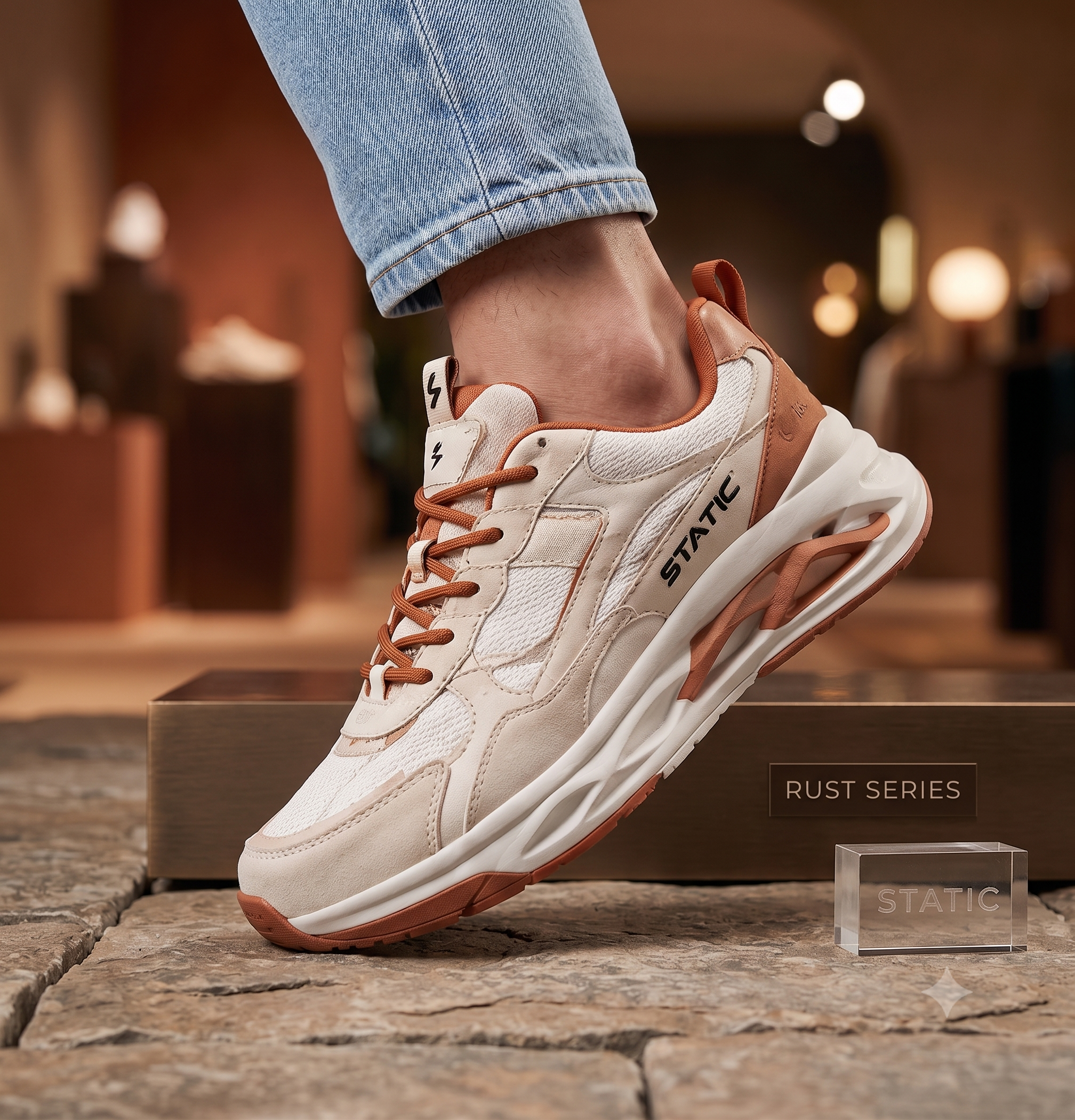 STATIC Rust Series sneaker on stone in a boutique setting