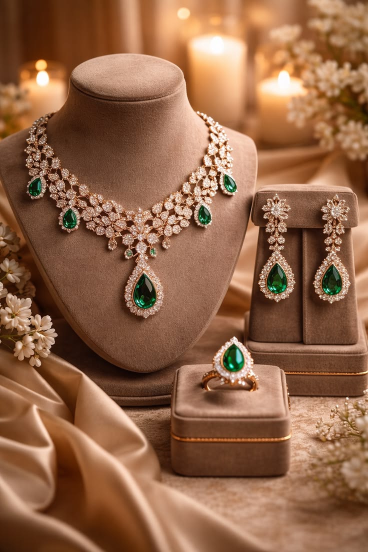 Emerald and diamond set by candlelight