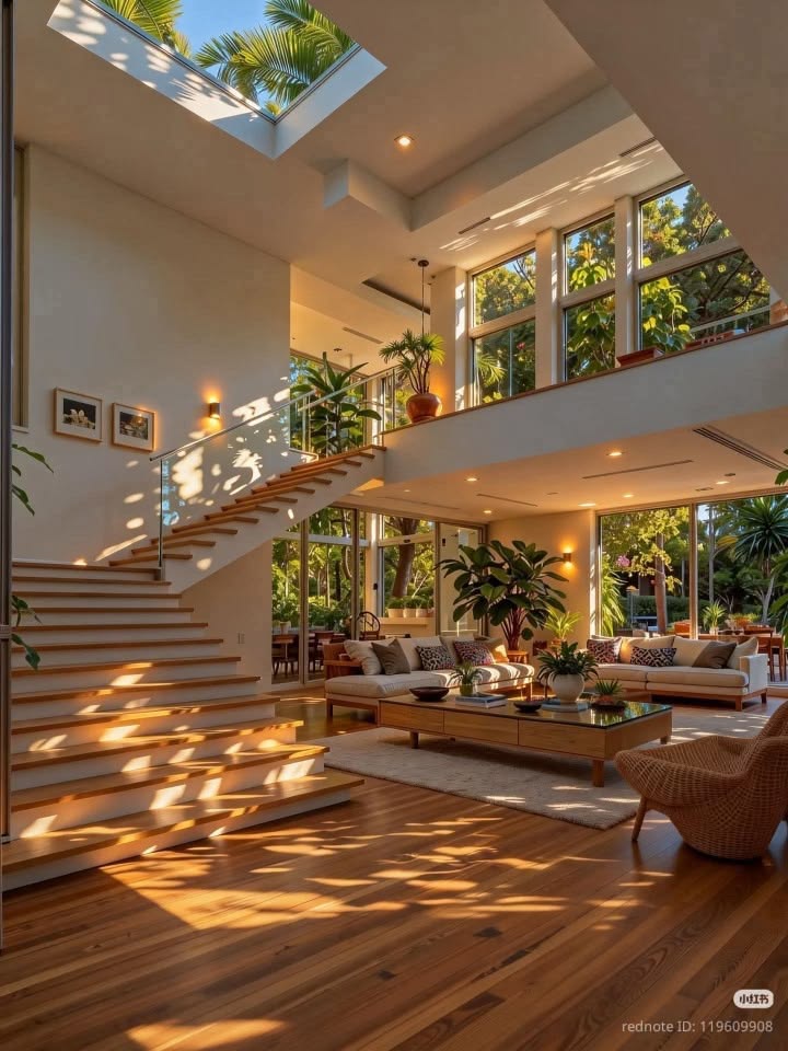 Sunlit double-height atrium with floating timber staircase and full-height glazing