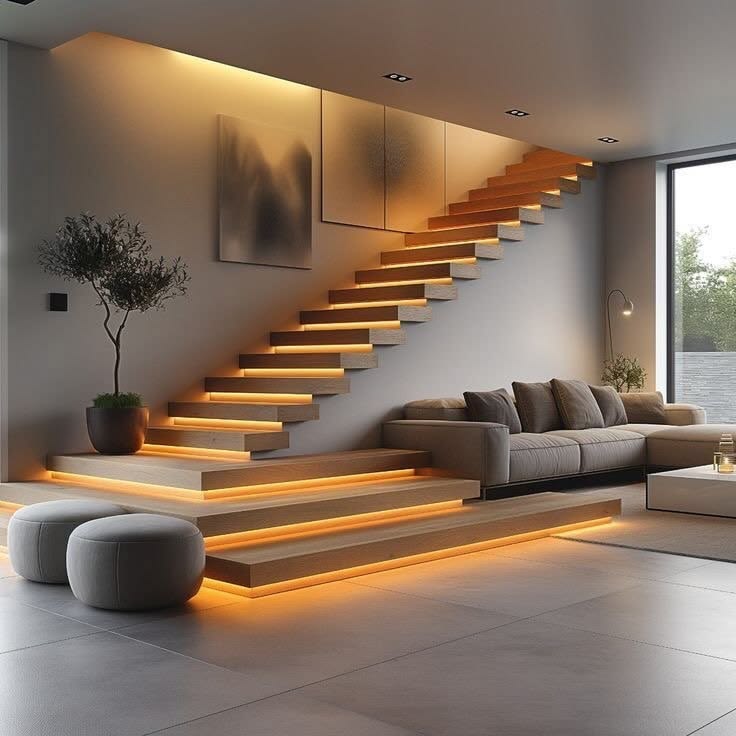 Floating oak staircase with warm LED under-lighting beside a grey sofa