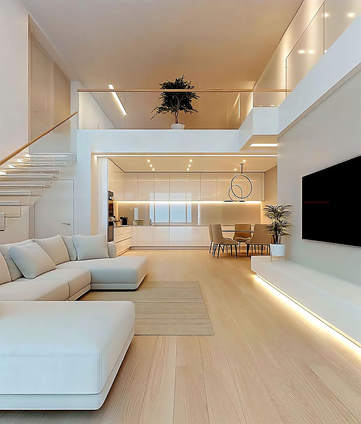 Minimalist double-height living space in soft white and pale oak
