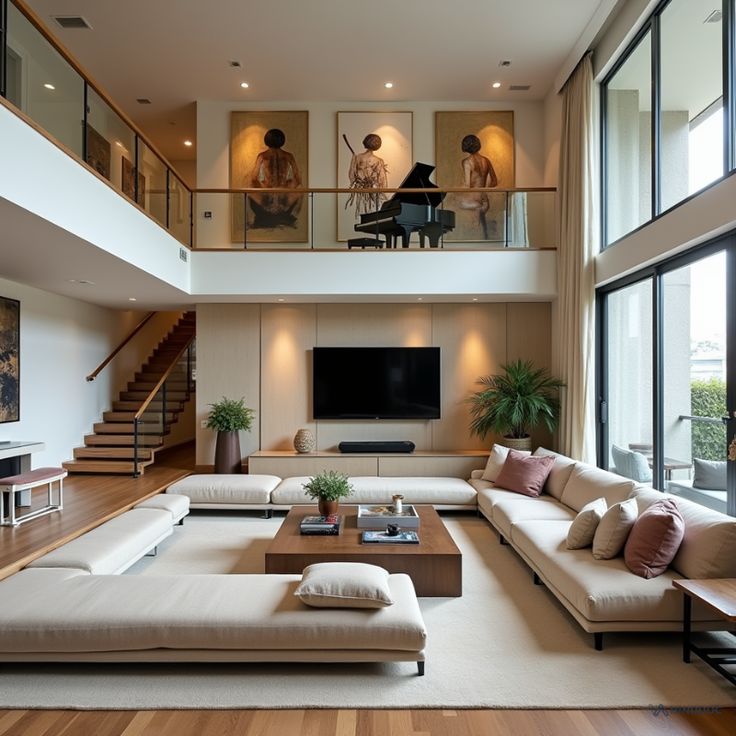 Double-height living room with grand piano on the mezzanine