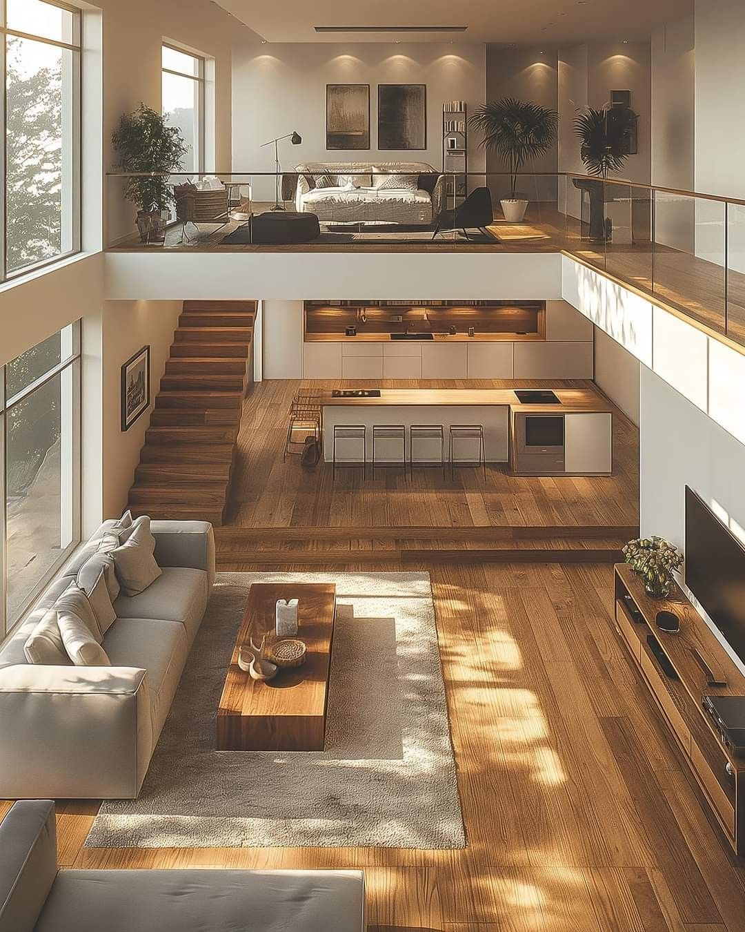 Aerial view of a split-level loft filled with afternoon sunlight