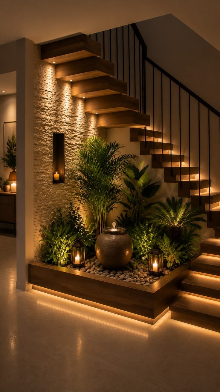 The Cascade Suites — interior garden and staircase lit by candlelight